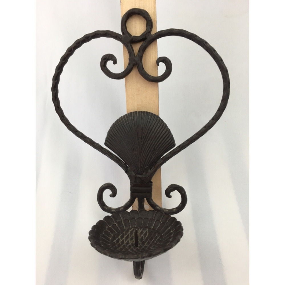 Wrought Iron Wall Candle Sconce Heart, Shell & Flower Dark Brown Beach Cottage